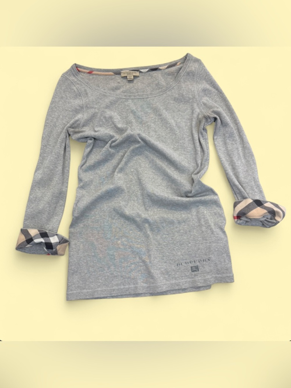 Burberry Light Grey Long Sleeve Cotton Tee with Reversible Check Cuffs Women’s M